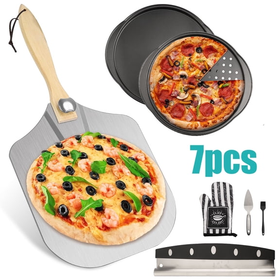 ASKITO Pizza Peel Pizza Pan Set, 7Pcs Pizza Oven Accessories includes 12 Inch Metal Pizza Paddle with Foldable Wooden Handle, 2 Pizza Pans, Rocker Cutter, Pizza Server, Oven Mitts, Oil Brush