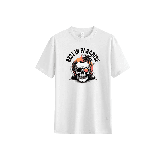 ASKITO"REST IN PARADISE" Skull & Sunset Graphic Tee - Cotton, Unisex,Round Neck, All-Season Edge | Black Cotton Punk Rock Apparel