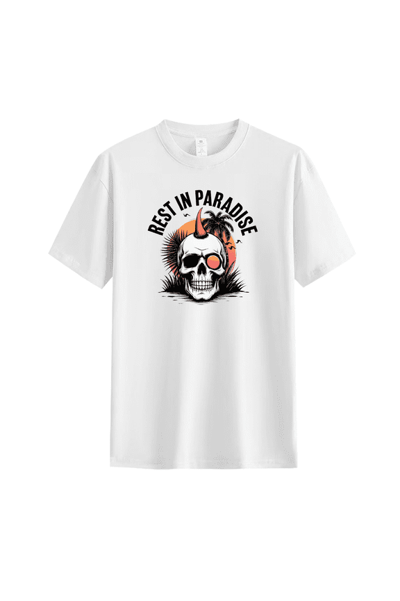 "REST IN PARADISE" Skull & Sunset Graphic Tee - Cotton, Unisex,Round Neck, All-Season Edge | Black Cotton Punk Rock Apparel