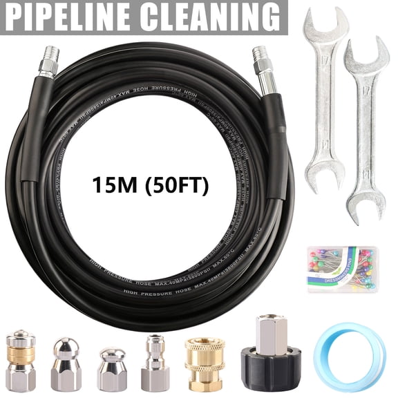 ASKITO Sewer Jetter Kit for Pressure Washer, 50FT Drain Cleaner Hose 5800PSI with 1/4 Inch NPT Corner, Rotating Nozzle and 4 Different Button Nose Sewer Jet Nozzles, Waterproof Tape and 2 Spanners
