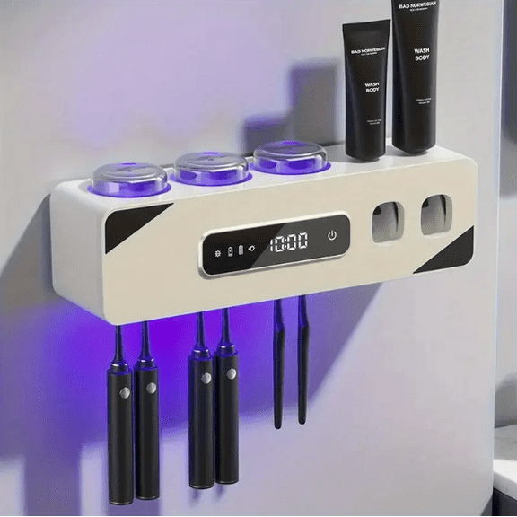 ASKITO Toothbrush Holders for Bathrooms, Automatic Toothpaste Dispenser with 3 Cups and 6 Toothbrush Slots, UV Sanitizer, Space Saving Wall Mounted Toothbrush and Toothpaste Holder, White