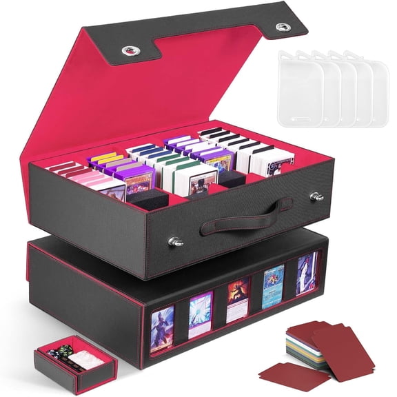 ASKITO Trading Card Storage Box 5-Row with Handle, MTG Storage Box Holds 3900+ Cards with Commander Display, Top Loaders Organizer Case for TCG PTCG Sport Card, Black&Red