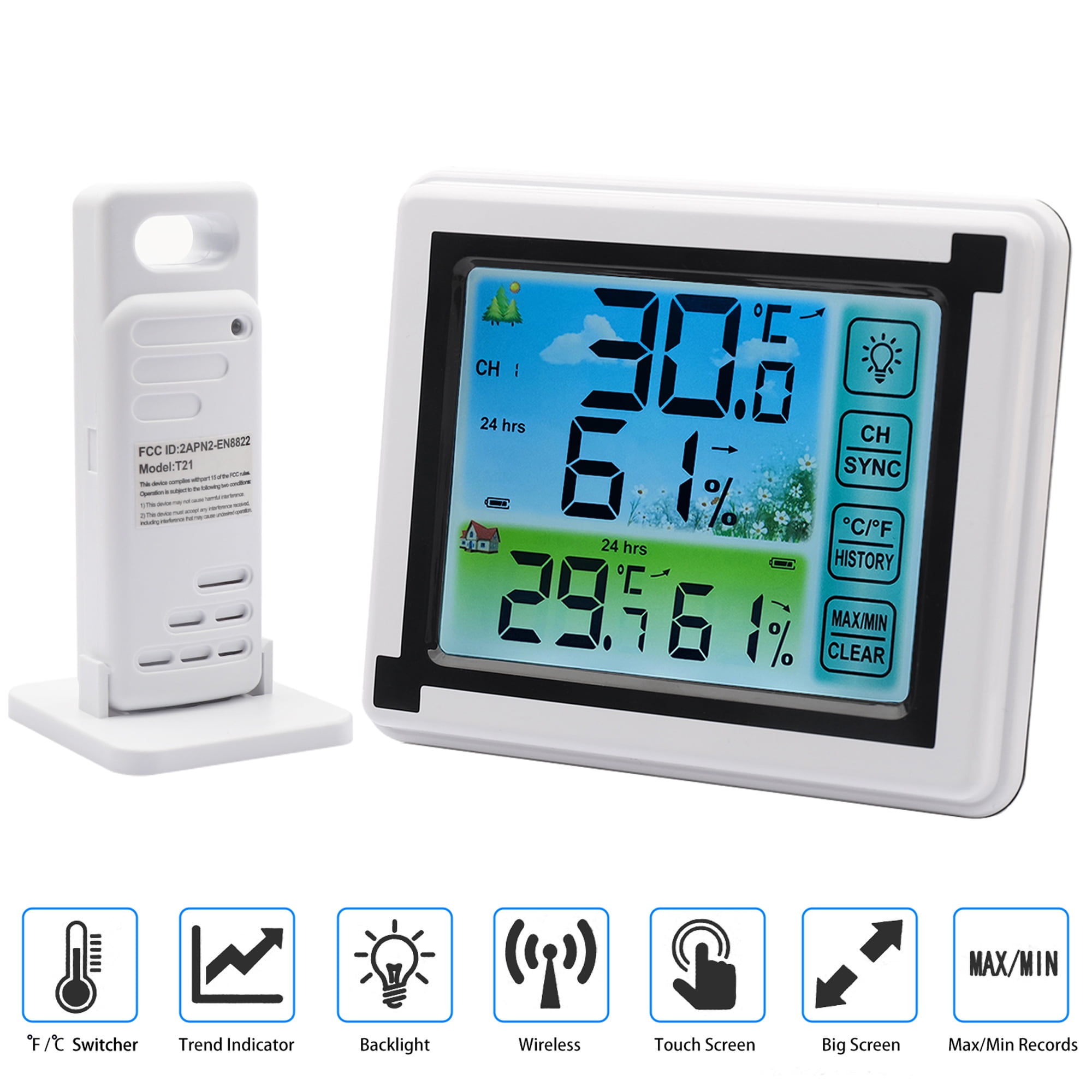 ASKITO Weather Station Wireless Indoor Outdoor Thermometer, Color LCD Display Digital Thermometer Humidity Monitor for Home, White