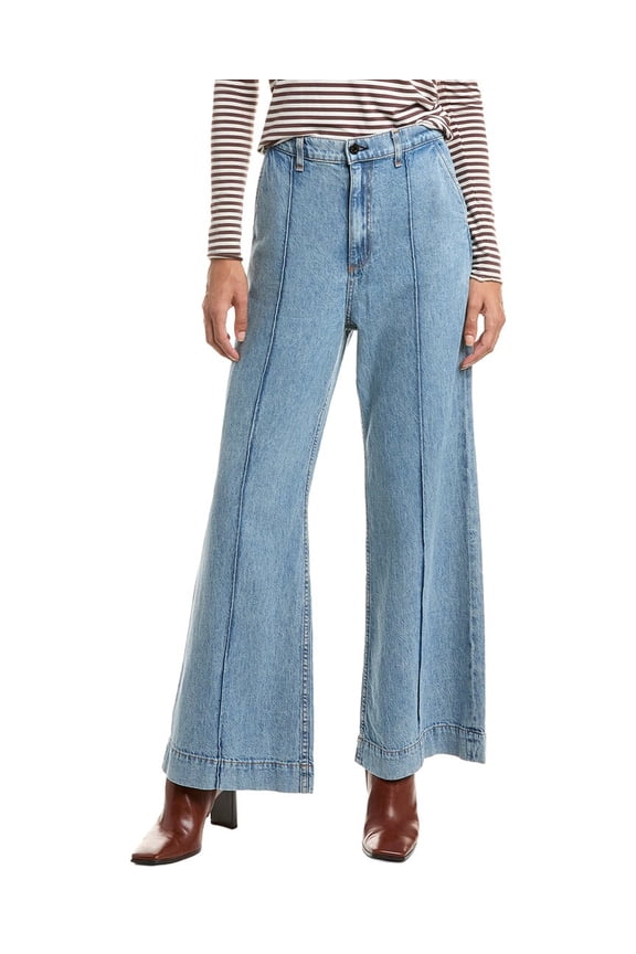 womens Pintuck Linen-Blend Loma Wide Leg Jean, 23, Blue