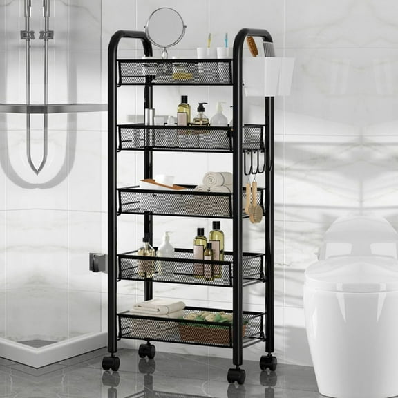 ASKMZ 5 Tier Multi Layer Kitchen Storage Rack Carbon Steel Tiered Basket Stand Stackable Metal Mesh Storage Basket with Hooks, Solid Structure