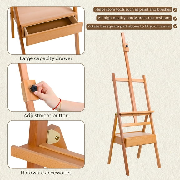 ASKMZ Beech Easel, Drawer, Adjustable Solid beech, for artists, height & angle adjust.