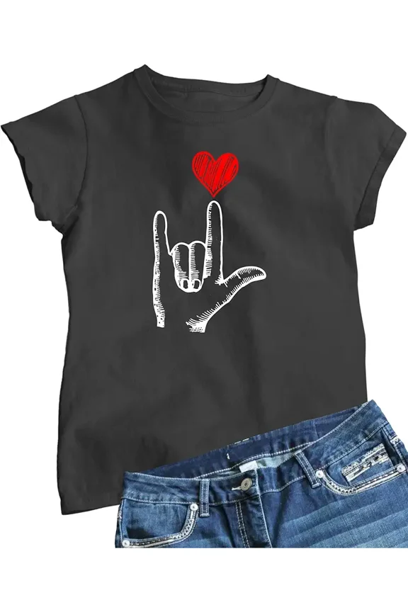 ASL I Love You Hand Sign Red Heart Women Short Sleeve Graphic T-Shirt