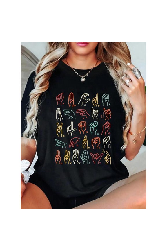 ASL Sign Language Teacher T-Shirt, ABC Alphabet Graphic Tee, Comfort Top，Round neck，Classic，cotton，black，S-5XL