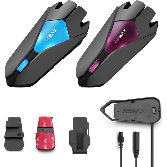 ASMAX Z1 Motorcycle Bluetooth Headset, 10 Riders Mesh Helmet Communication System, V5.3 with Audio Multitasking/Noise Cancellation/Smart Voice Control, 5mi Intercom for Snowmobile/ATV/Ski, 2 Pack