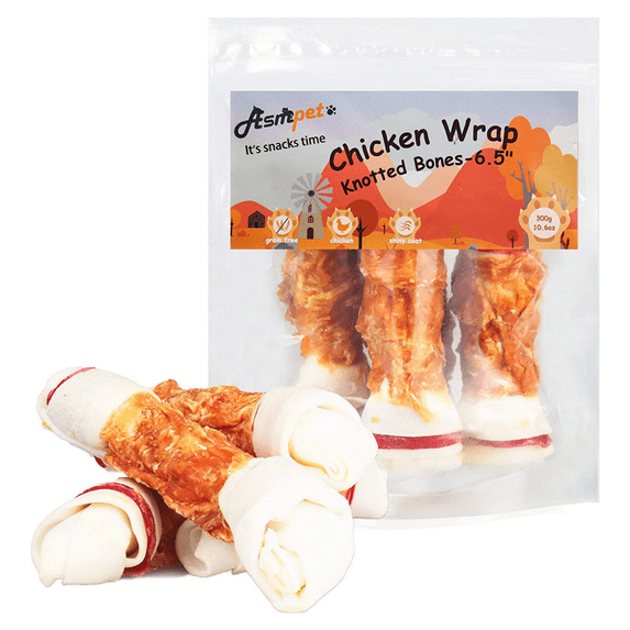 ASMPET 6.5" Rawhide Dog Bone, Long Lasting Chicken Wrapped Dog Treats (4/Pack), Beefhide Bone for Large Dogs, 11oz