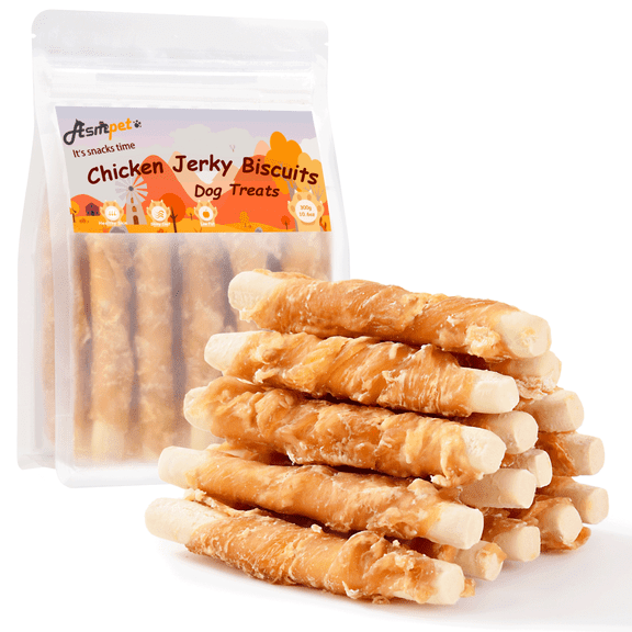 ASMPET Chicken Jerky Wrapped Biscuits Stick Dog Treats, Soft Chewy Rawhide Free Dog Chews for Small Medium Large Dogs, 10.6oz