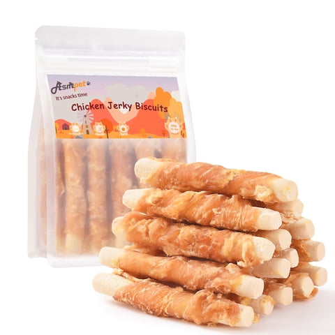 ASMPET Chicken Jerky Wrapped Biscuits Stick Dog Treats, Soft Chewy Rawhide Free Dog Chews for Small Medium Large Dogs, 10.6oz