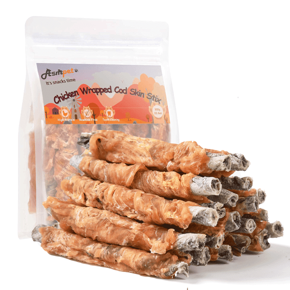 ASMPET Chicken Wrapped Cod Skin Dog Treats Natural Chew for Small Medium Large Dogs, 10.6oz Pouch