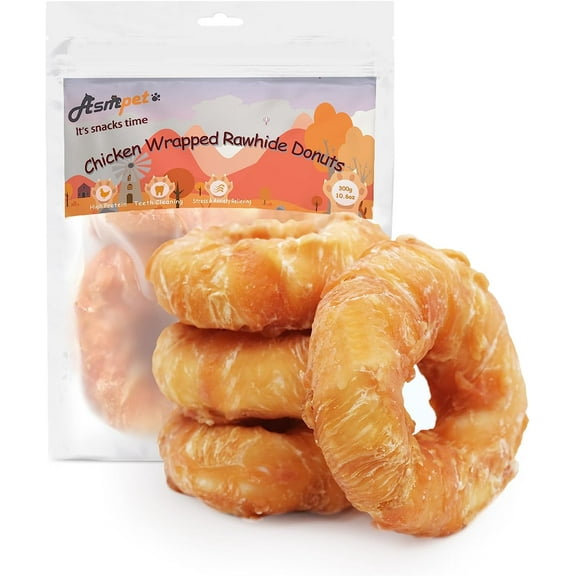 ASMPET Chicken Wrapped Rawhide Donut Dog Treats, 4ps Long Lasting Dog Bone for Medium Large Dogs, 11oz