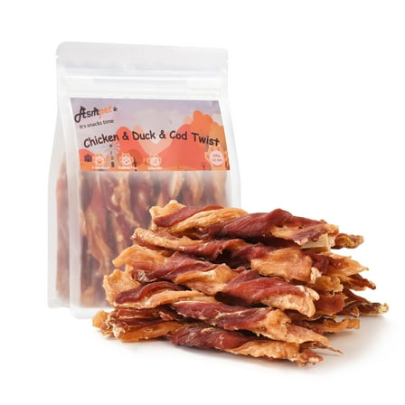 ASMPET Dog Treats Chews,Triple Flavor Chicken, Cod & Duck Twists, Jerky Sticks for Small Medium Large Dogs 10.6 oz