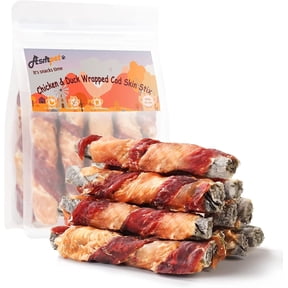 ASMPET Rawhide Free Dog Treats Chicken & Duck Wrapped Cod Skin Stick, Healthy Dog Chew, Training Snacks for Small Medium Large Dogs, 11oz