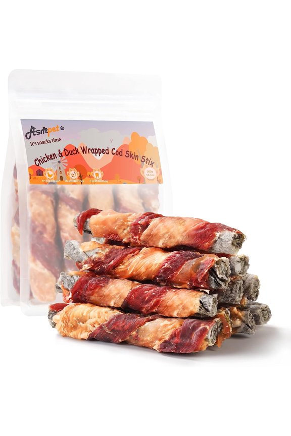 Rawhide Free Dog Treats Chicken & Duck Wrapped Cod Skin Stick, Healthy Dog Chew, Training Snacks for Small Medium Large Dogs, 11oz