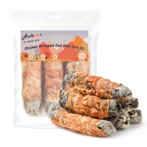 ASMPET Rawhide Free Dog Treats, Chicken Wrapped Cod Fish Skin Stick XL, Natural Dog Chews Rich in Omega3 for Medium Large Dogs, 11oz