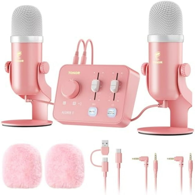 ASMR Microphone Equipment Bundle with Audio Interface, Immersive 3D Stereo Audio, Dual Condenser Mics with Audio Mixer, Clear Sound, Volume Control, with Furry Windscreens, Set for ASMR, Pink