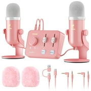 ASMR Microphone Equipment Bundle with Audio Interface, Immersive 3D Stereo Audio, Dual Condenser Mics with Audio Mixer, Clear Sound, Volume Control, with Furry Windscreens, Set for ASMR, Pink