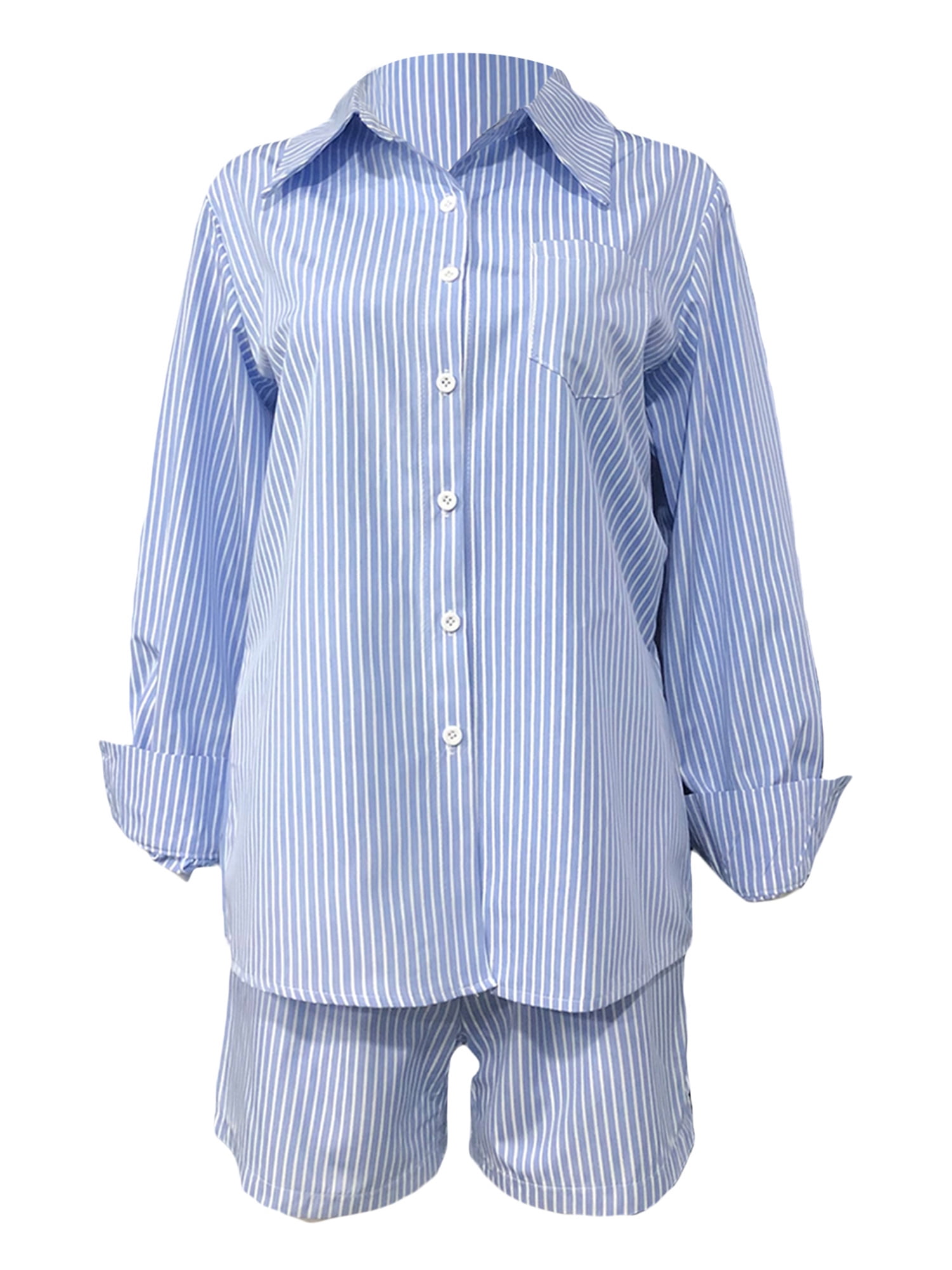 ASNOUIFU 2 Pieces Suit Set, Female Striped/ Plaid Turn-Down Collar Long ...