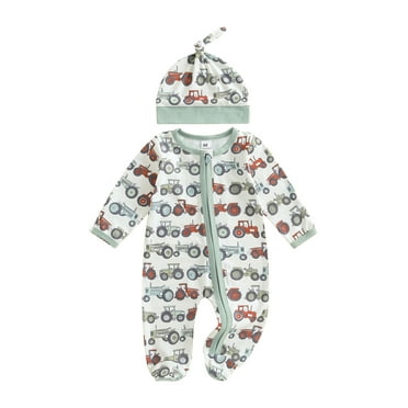 ASNOUIFU Infant Baby Fall Footed Romper Cute Tractor Pattern Round Neck Long Sleeve Zipper Jumpsuit with Hat 0-18 Months