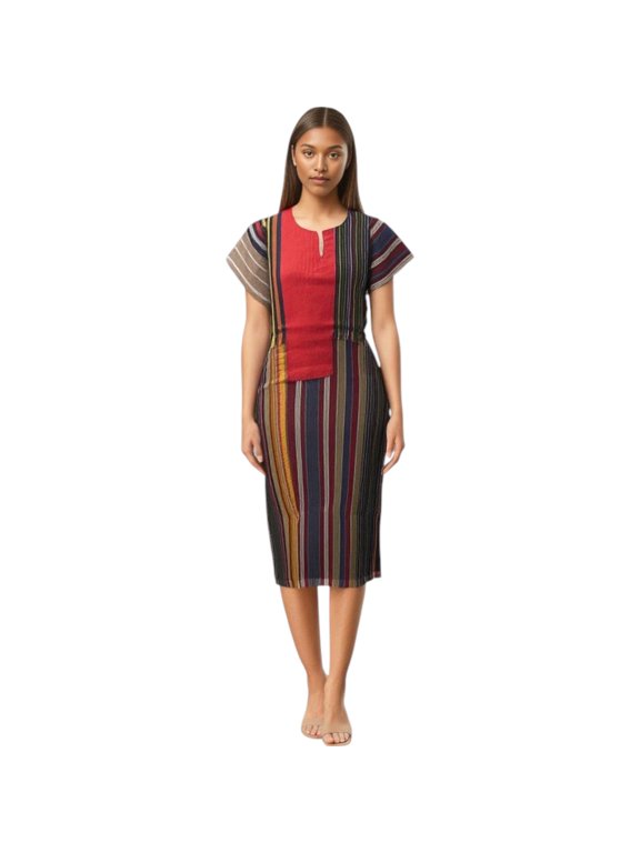 ASO Oke Midi Dress with Denim Accent, Multicolor Striped, Short Sleeve (US, Numeric, 14, Regular, Regular, Multicolor)