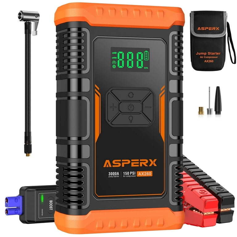 AsperX 2 in 1 Car Jumper Box with Air Compressor Up to 10L Gas 8.0L Diesel Engines 3000A Battery Jump Starter with USB Fast Charging Portable Battery