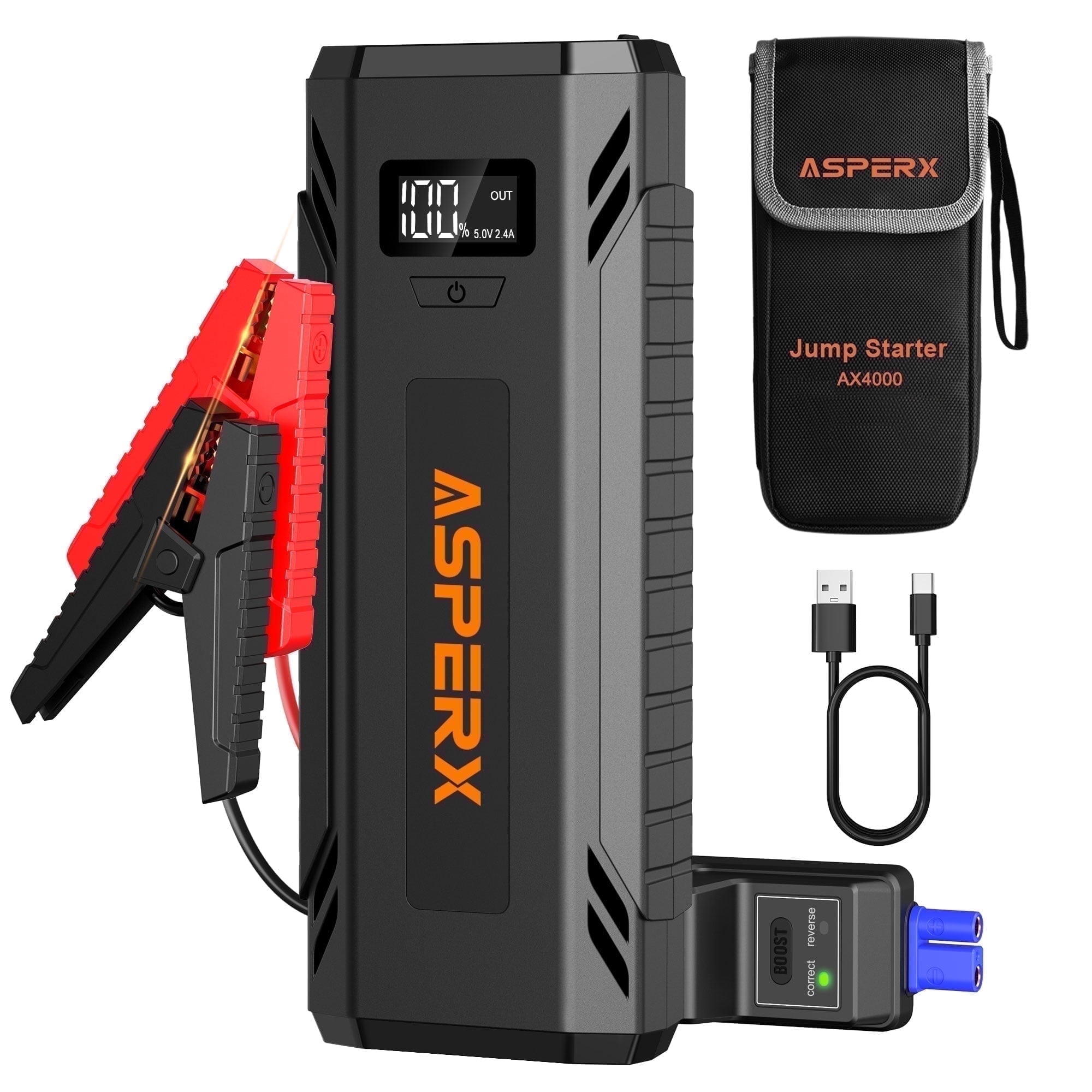 ASPERX Battery Jump Starter 4000A Peak,Portable Car Jump Box for 12V Cars (up to All Gas and 10.0L Diesel Engine),Roadside Emergency Heavy Duty Jumper Cable Booster with LED Light,USB Quick Charge
