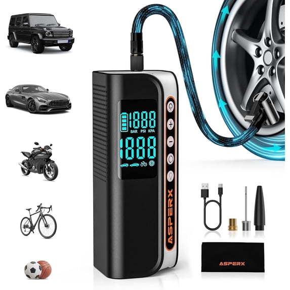 AsperX Electric Tire Inflator Portable 160 PSI 7500mAh Air Compressor with Digital Pressure LED Light for 12V Car SUV Motorcycle Bikes Black