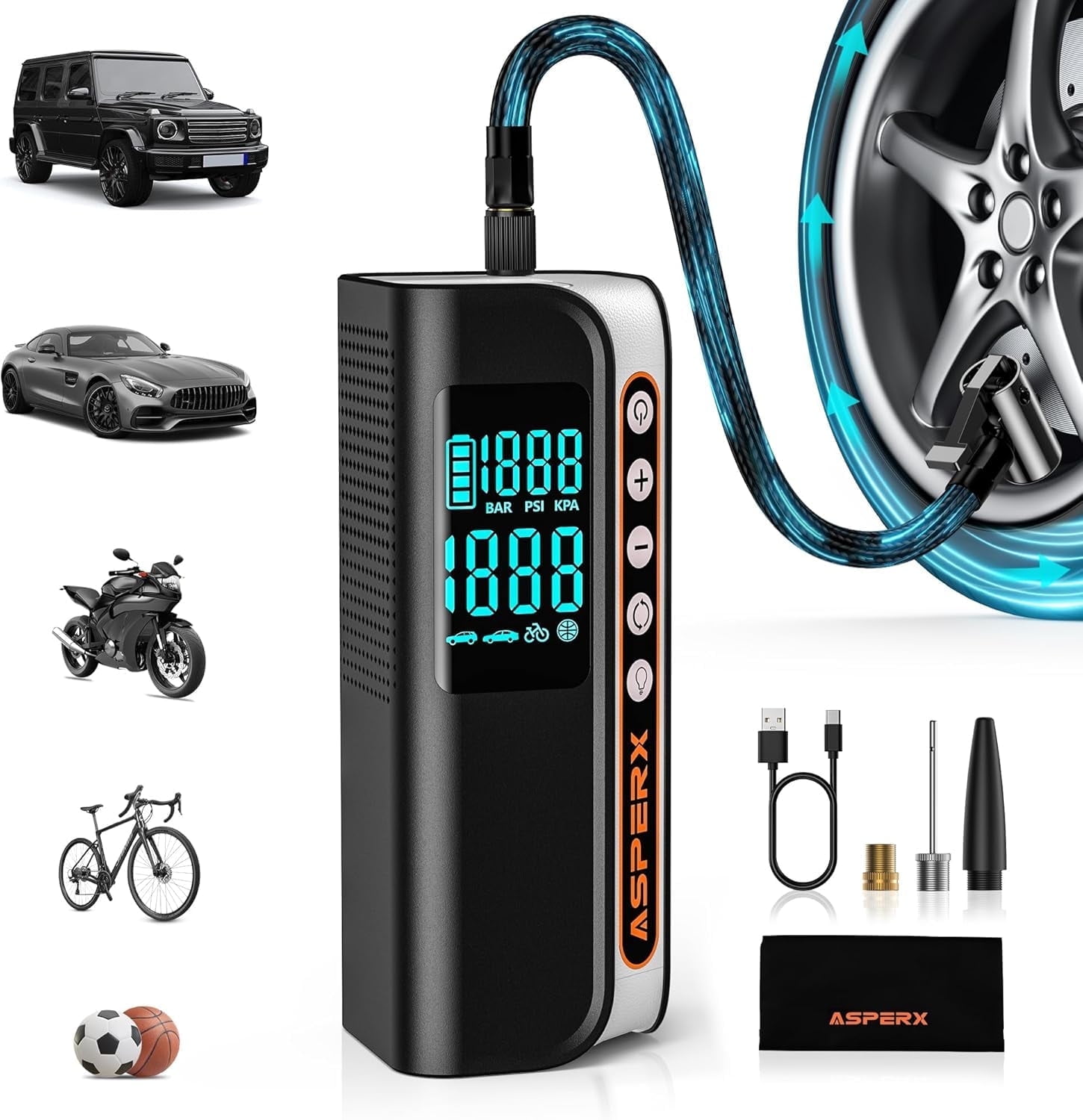 ASPERX Electric Tire Inflator,Portable 160PSI Car Air Compressor with Pressure Detection,Emergency LED Light,Digital Tire Pump-Automatic Shutoff