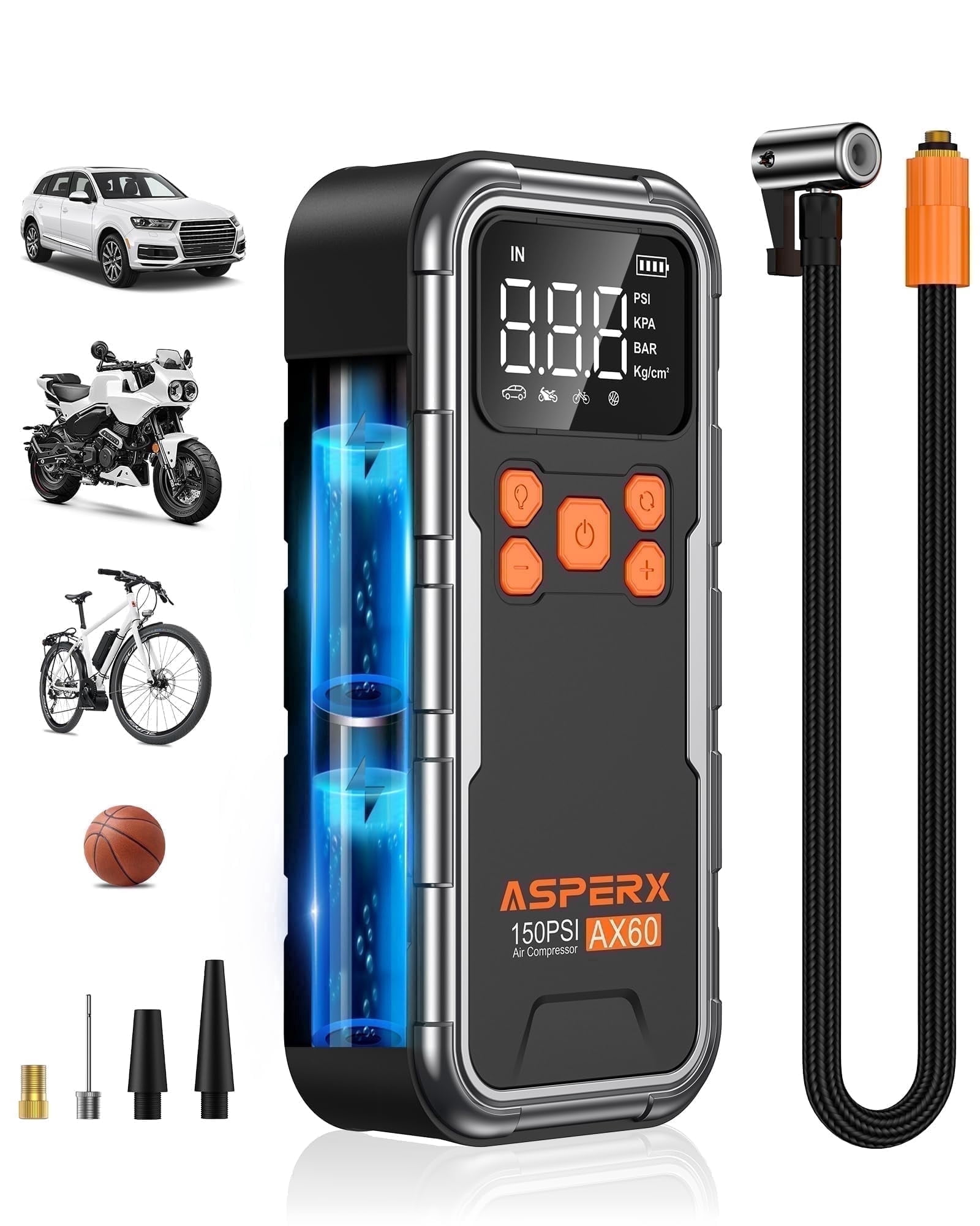 ASPERX Tire Inflator Portable Air Compressor, 150PSI Cordless Air Pump for Car Tires with Digital Gauge & Auto Shut-off – Fast Inflation for Car, Motorcycle, Bike, Ball