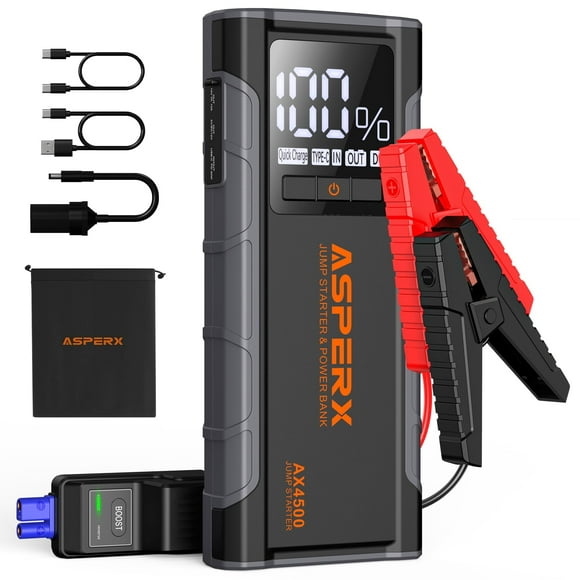 ASPERX Jump Starter 4500A Peak,Battery Starter for Car Up to All Gas and 10.0L Diesel Engines,USB-PD 30W Fast Charging Heavy-Duty Booster Built-in LED Light-Black