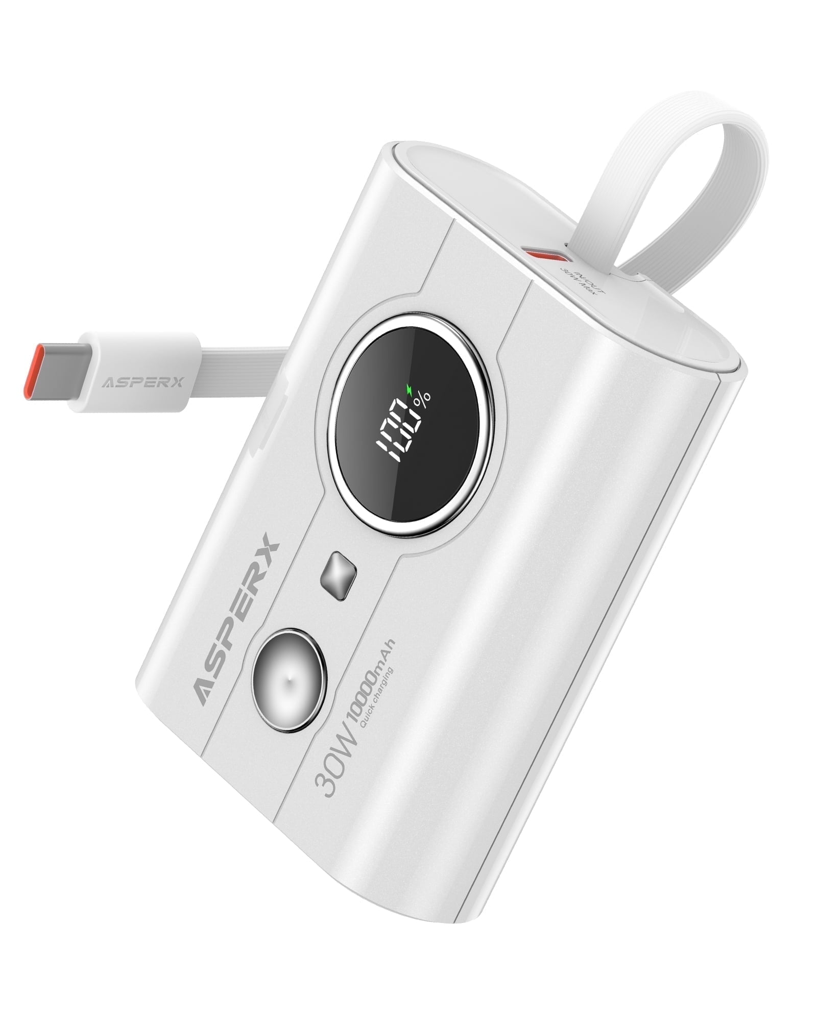 ASPERX Portable Charger, 10000mAh Power Bank with 30W Cable Fast Charging Outputs, LED Display Power Bank Compatible for iPhone 15/Android /Laptop, Plane Travel Powerstation, White