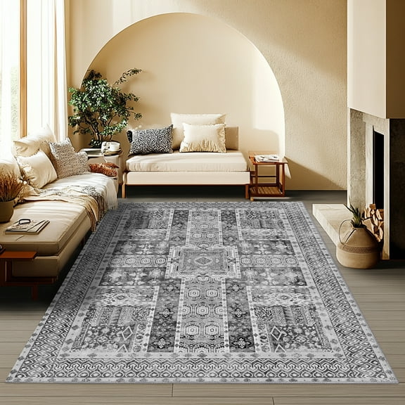 ASPILLOW 5x7 Gray Area Rugs for Living Room,Non Slip Washable Vintage Carpet for Dining Room Bedroom Farmhouse Office Home Decor, Pet & Child Friendly