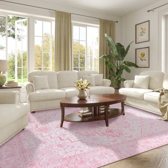 ASPILLOW Modern Bohemian Pink Area Rug, 7' x 10', Washable, Non-Slip Backing