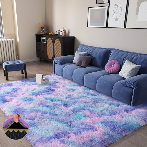 ASPILLOW 8x10 Large Fluffy Rugs,Soft Fuzzy Plush Indoor Carpets for Bedroom Living Room, Play Room,Tie-dye Blue Rainbow
