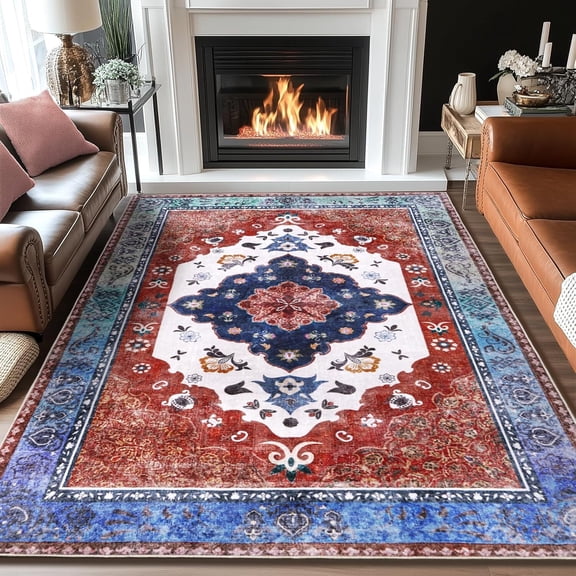 ASPILLOW 8x10 Large Washable Rug, Blue-red Soft Low Pile Stain-resistant and Non-slip Carpet for Home decor Living Room Dining Room Bedroom Den