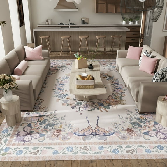 ASPILLOW 8x10 Large Washable Rug, Soft Low Pile Stain-resistant and Non-slip Carpet for Home decor Living Room Dining Room Bedroom Den,Pink Butterfly Print