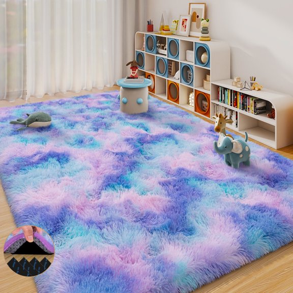 ASPILLOW 9x12 Fluffy Rug for Room,Non Skid Plush Indoor Home Decor Rug,Modern Shaggy Fuzzy Rugs for Living Room,Tie-dye Blue Rainbow