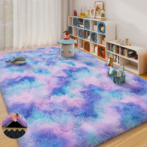 ASPILLOW 9x12 Fluffy Rug for Room,Non Skid Plush Indoor Home Decor Rug,Modern Shaggy Fuzzy Rugs for Living Room,Tie-dye Blue Rainbow