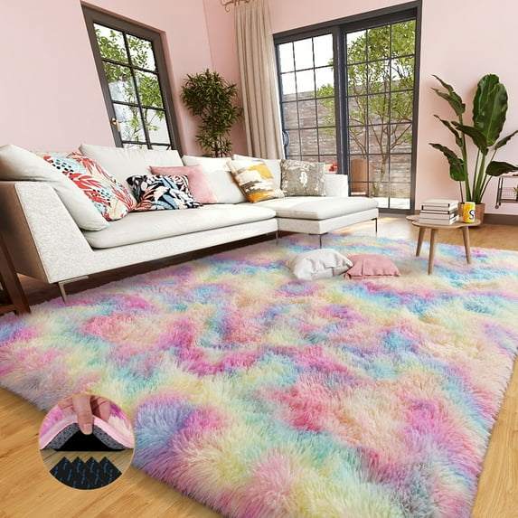 ASPILLOW 9x12 Fluffy Rug for Room,Non Skid Plush Indoor Home Decor Rug,Modern Shaggy Fuzzy Rugs for Living Room,Tie-dye Rainbow