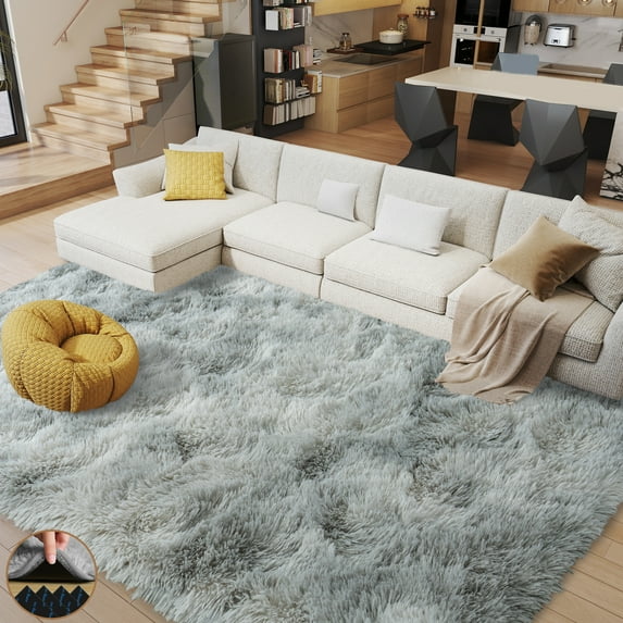ASPILLOW 9x12 Fluffy Rug for Room,Non Skid Plush Indoor Home Decor Rug,Modern Shaggy Fuzzy Rugs for Living,Tie-dye Silver GrayRoom
