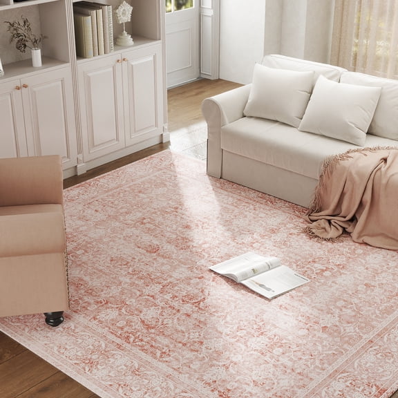 ASPILLOW Area Rug 4x6 Washable Vintage Boho Non-Slip Low Pile Carpet for Bedroom Dining Room Kitchen Home Decor, Pink