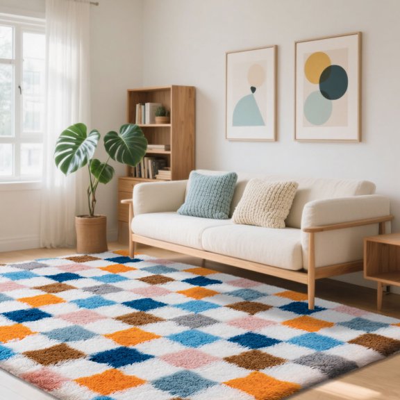ASPILLOW Checkered Fluffy Rug 5x7 for Living Room,Modern Non-Slip Shag Rug,Fuzzy Carpet for Bedroom Kids Toddler Room Playroom, Cute Dorm Home Decor,Multicolor