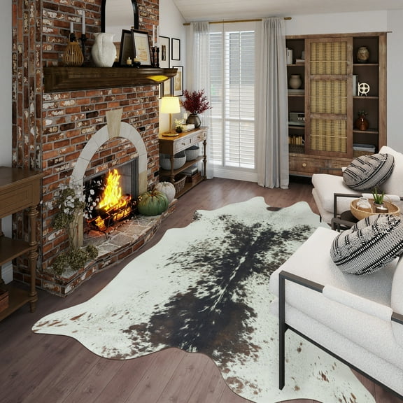 ASPILLOW Faux Cowhide Rug , Durable and non-slip for Bedroom Living Room Home Office Western Decor Aesthetics, Christmas Gift, 4.6 x 5.2 ft