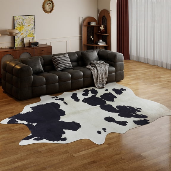 ASPILLOW Faux Cowhide Spotted Cow Print Area Rug 5x6.2 Non Slip Durable Rugs for Living Room Bedroom Home Office