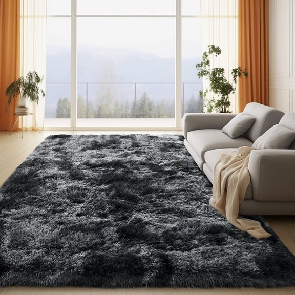 ASPILLOW 5x7 Fluffy Area Rugs for Living Room, Non Skid Shaggy Carpets for Bedroom, Boy Nursery Rug, Tie Dye Black Gray