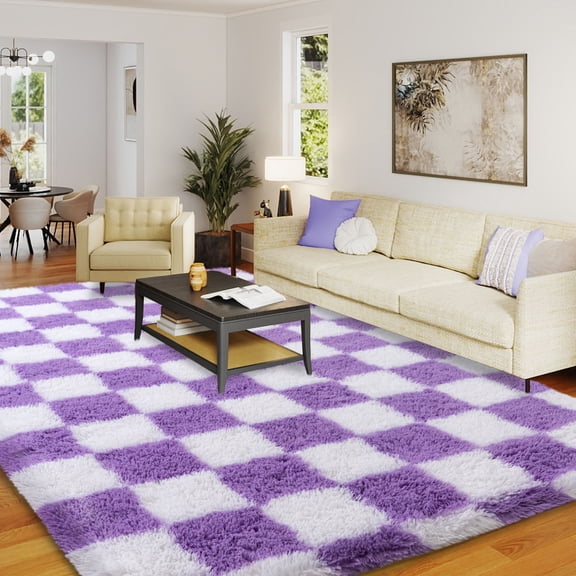 ASPILLOW Fluffy Checkered Rug 5x7ft Plush Shag Rugs Non-Slip Soft Area Carpet For Bedroom Living Room Kids Room Nursery
