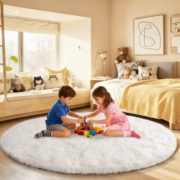 ASPILLOW Fluffy Circular Rugs,6ft Cream White Soft Fuzzy Plush Indoor Round Carpets for Bedroom Living Room Kids Room Nursery